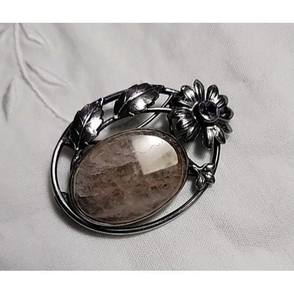 Vintage Sterling Silver Rutilated Quartz‎ Amethyst Flower Brooch Pin Floral 1.5